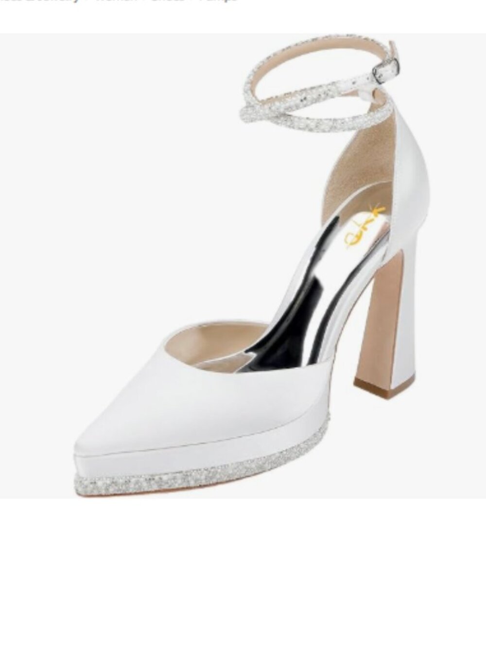 XYD White Pointed Toe Platforms Crystal Ankle Wrap Strappy Block Heels Shoes